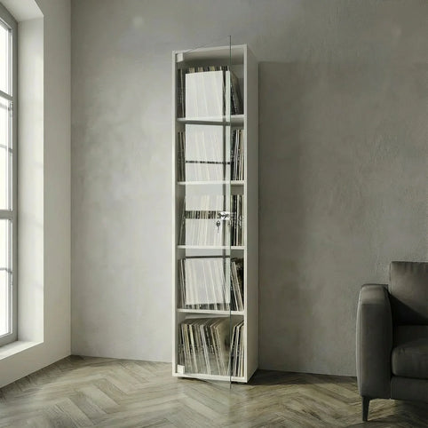 Estante bürohaus para vinil, 1 coluna, acabamento branco, com porta de vidro fechada